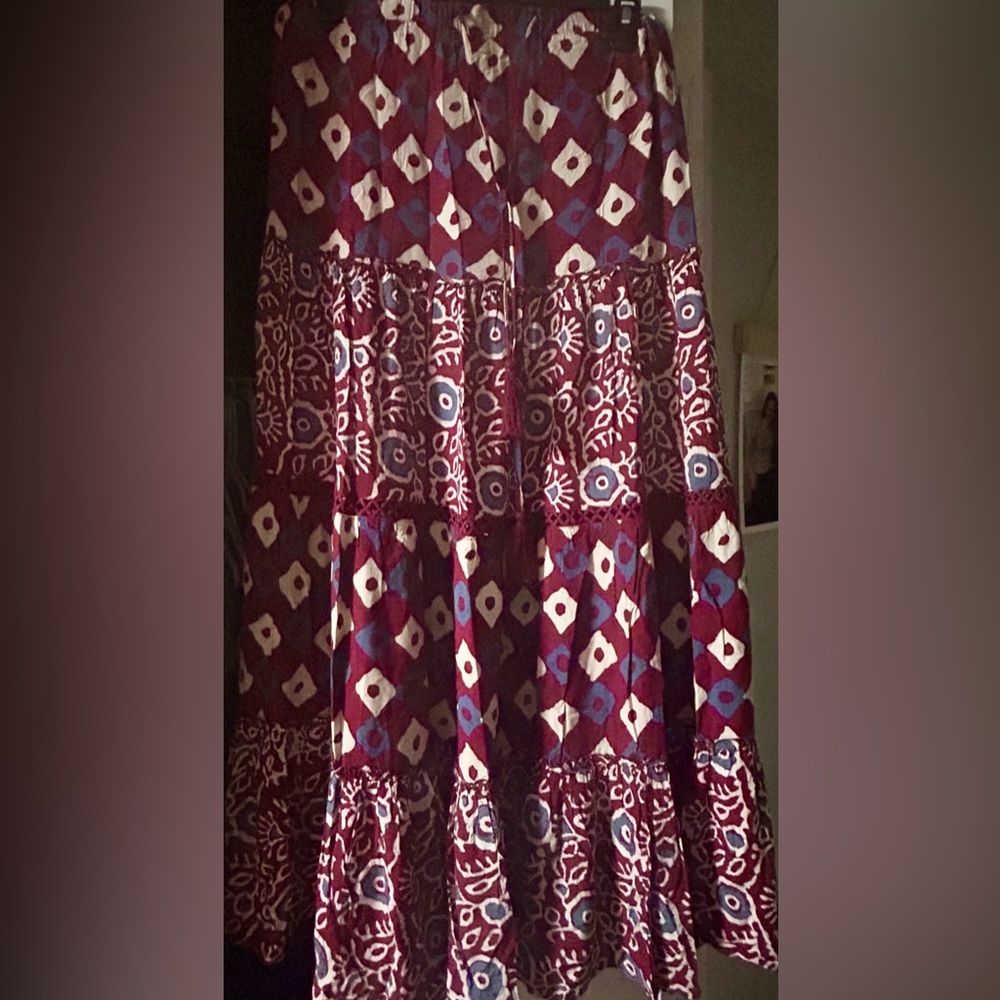 Red Tiered A-line Maxi Skirt for Casual Wear